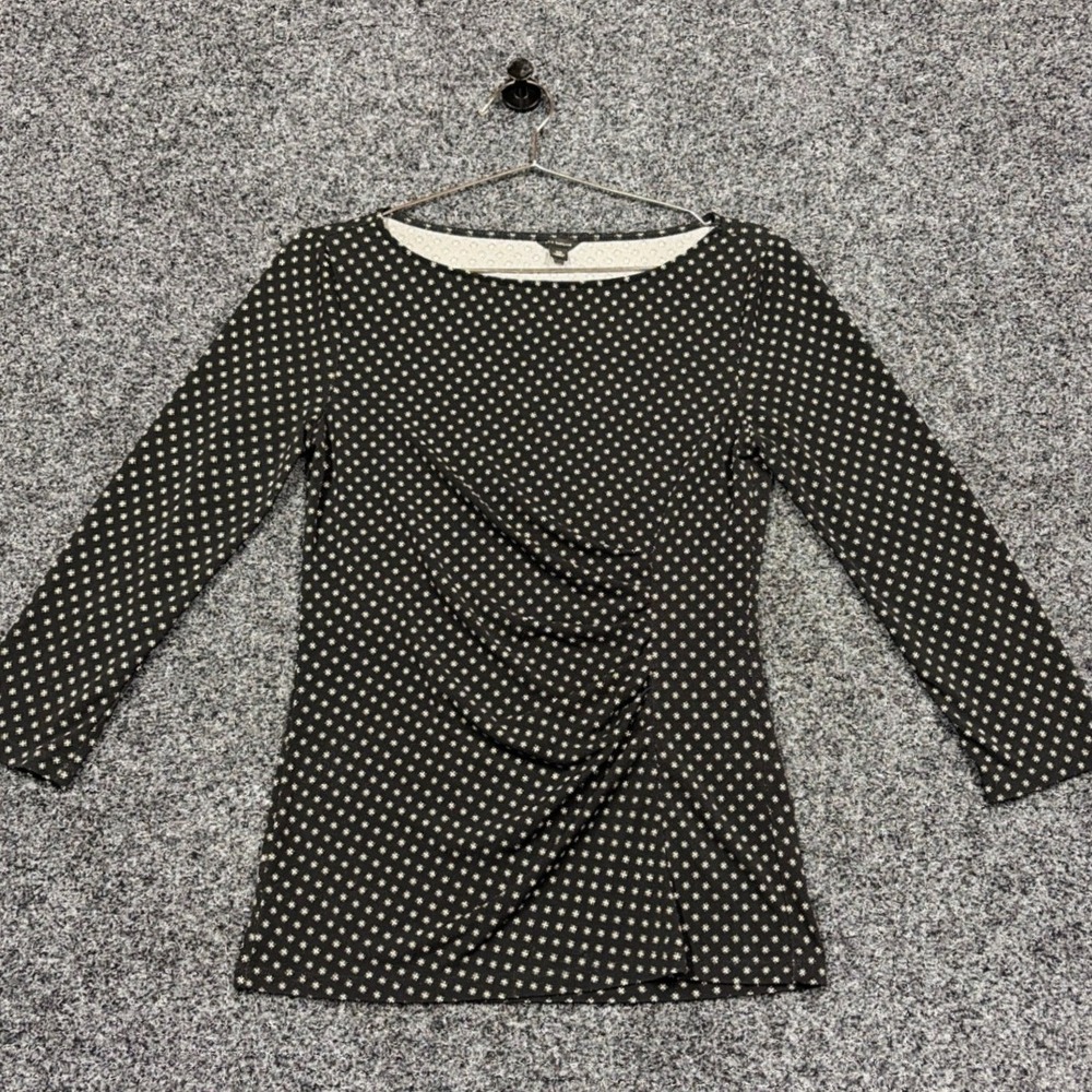 Ann Taylor Top Women XS Black White Star Ruched 3/4 Sleeve Boat Neck Blouse Work